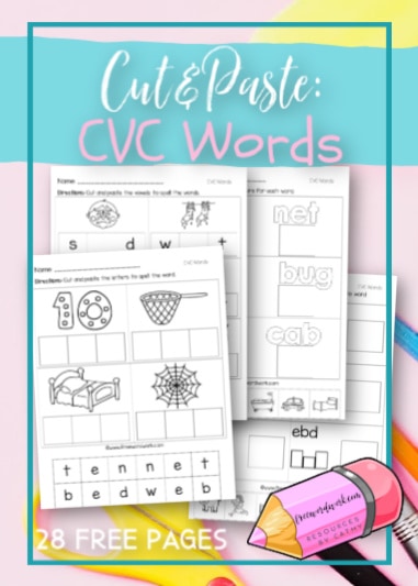 These free, printable CVC cut and paste worksheets will give your students practice with short vowel words.