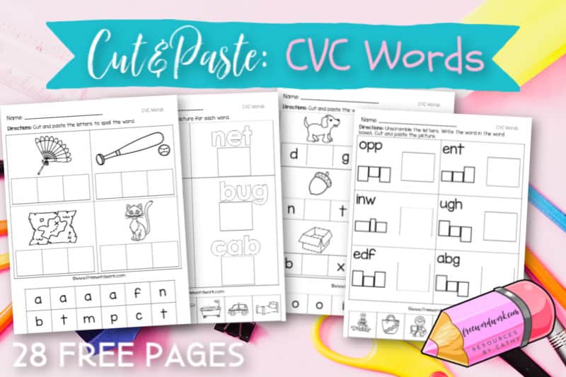These free, printable CVC cut and paste worksheets will give your students practice with short vowel words.