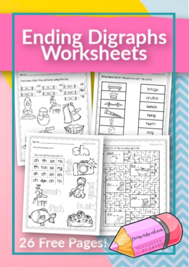 These free, printable ending digraph worksheets will give your students practice with words ending with the digraphs (and trigraphs) ch, ck, dge, ng, sh, tch and th.