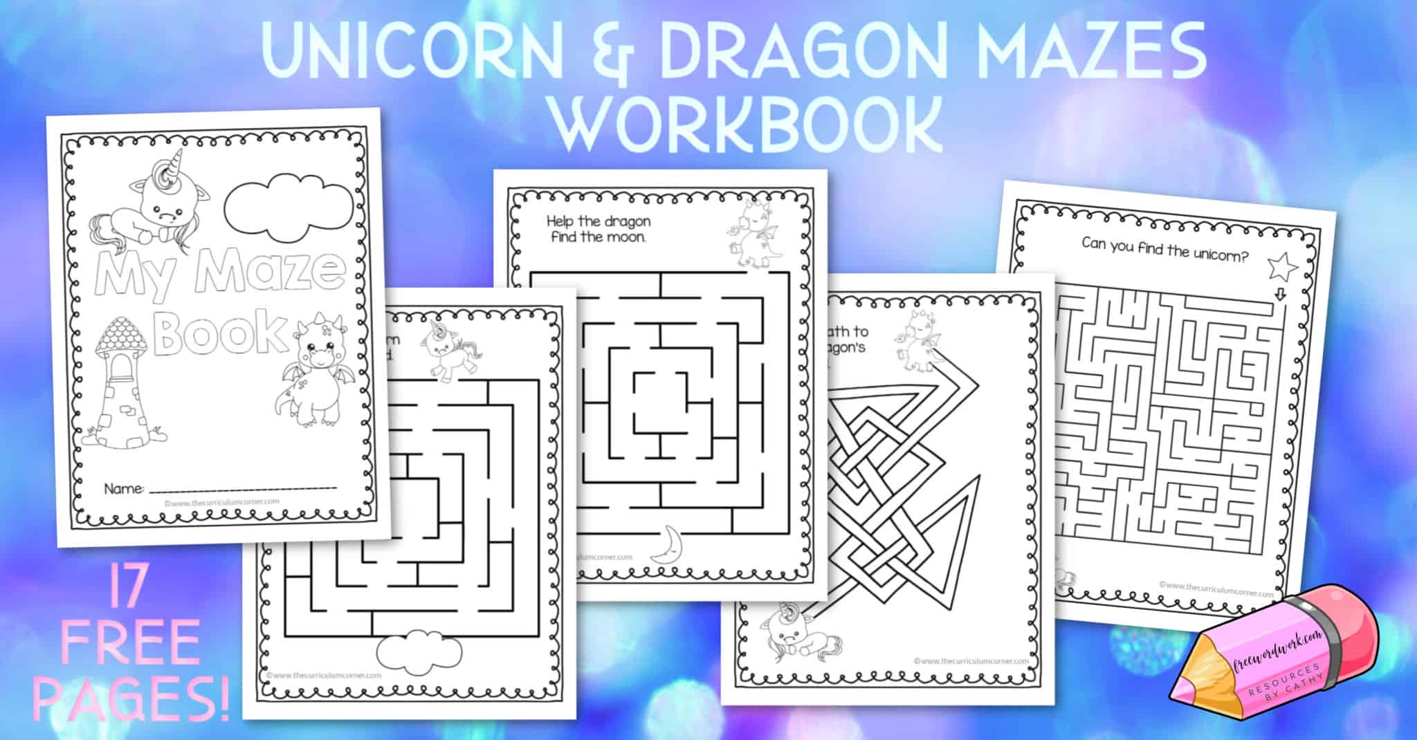 unicorn dragon printable mazes free word work