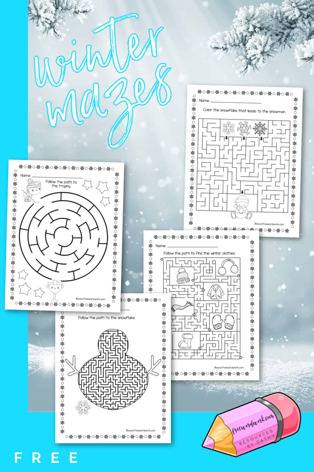 Winter Mazes for Children Free Word Work