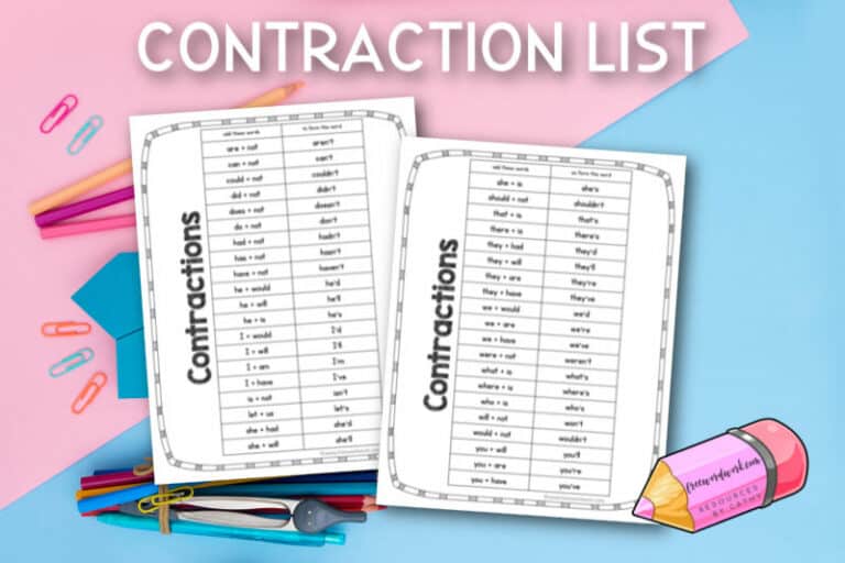 Contraction Word List Free Word Work