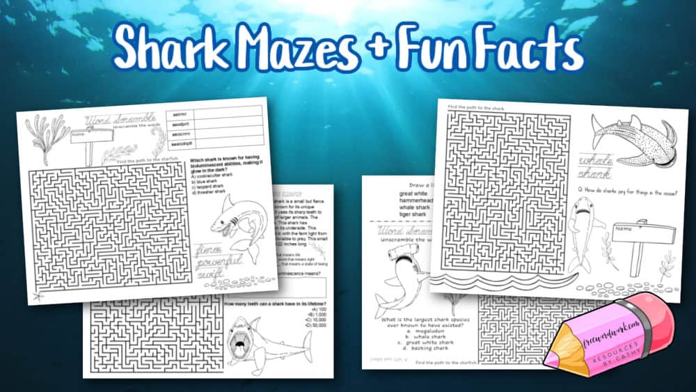 Shark mazes and fun facts printable pages